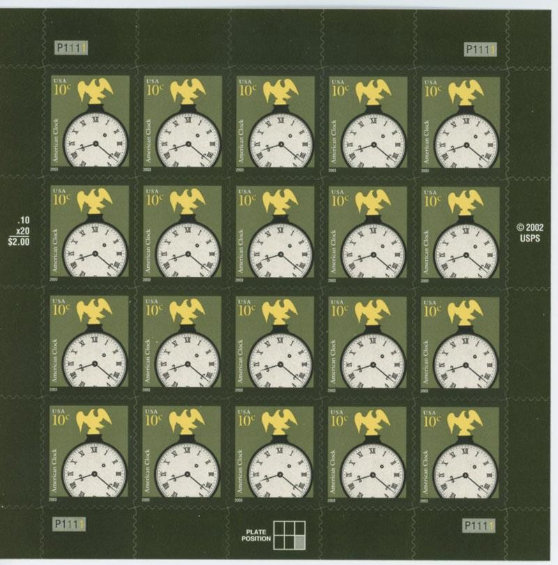 US SCOTT 3757 PANE OF 20 CLOCK 10 CENT FACE STAMPS MNH