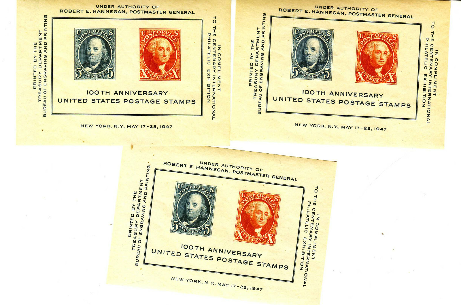 Qty 3 – US 100th Anniversary US Postage Stamps Souvenir Sheet