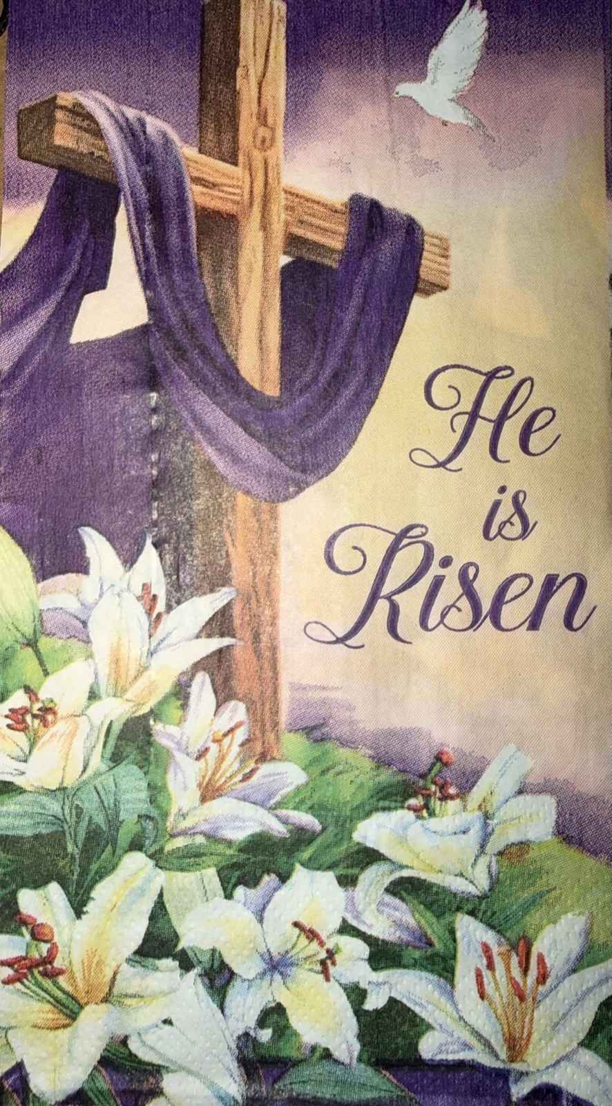 Two Paper Dinner Decoupage Napkin He Is Risen Easter Cross Dove Purple Flower