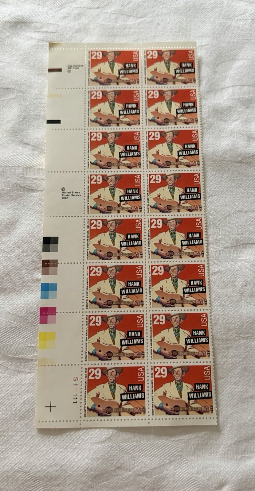 USPS Lot of 16 Hank Williams $.29 Cent Stamps 1992 Mint Never Hinged MNH