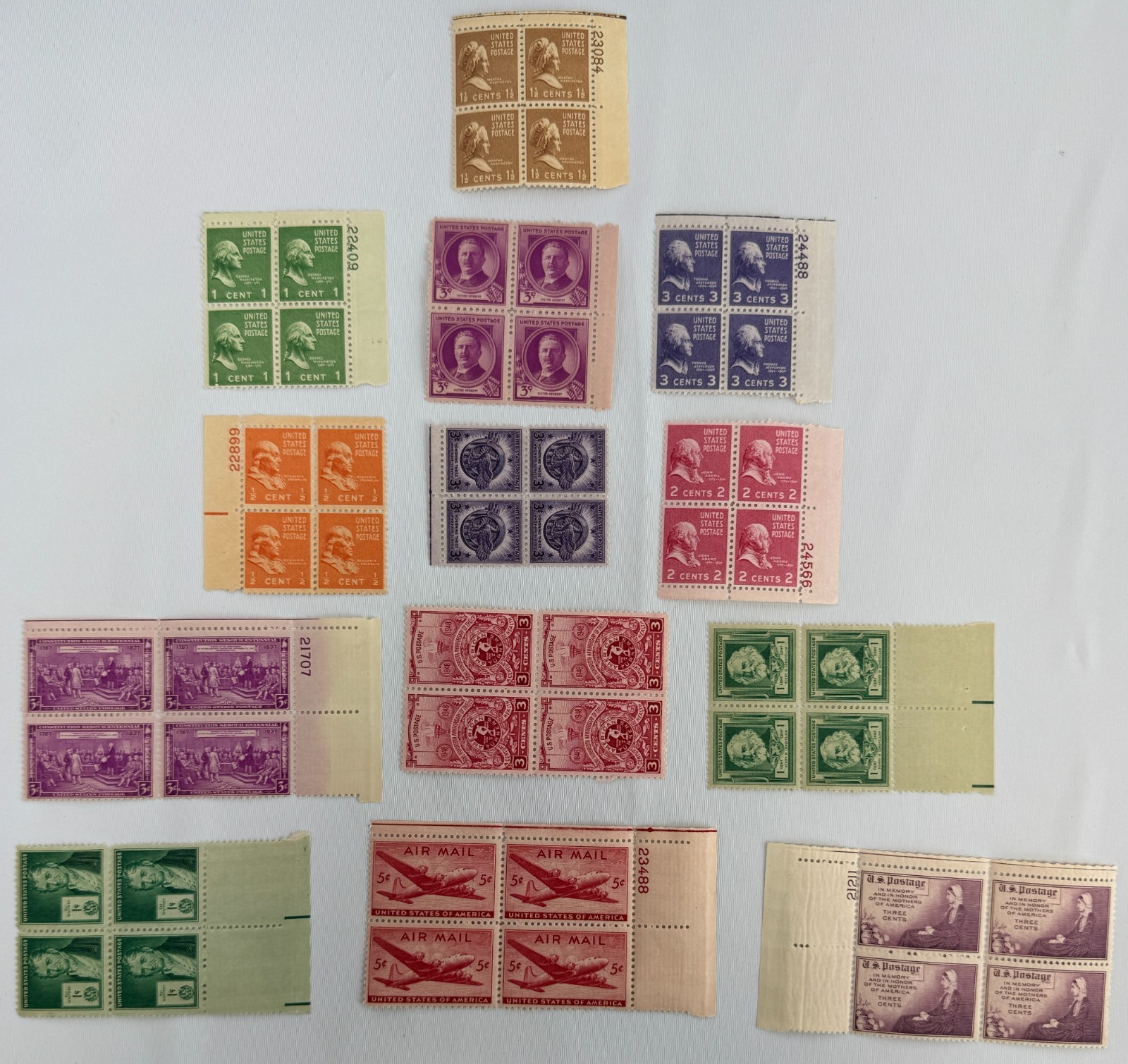 Vintage US Plate Block Collection 13 Mint Plate Blocks 1937 to 1954 Liberty