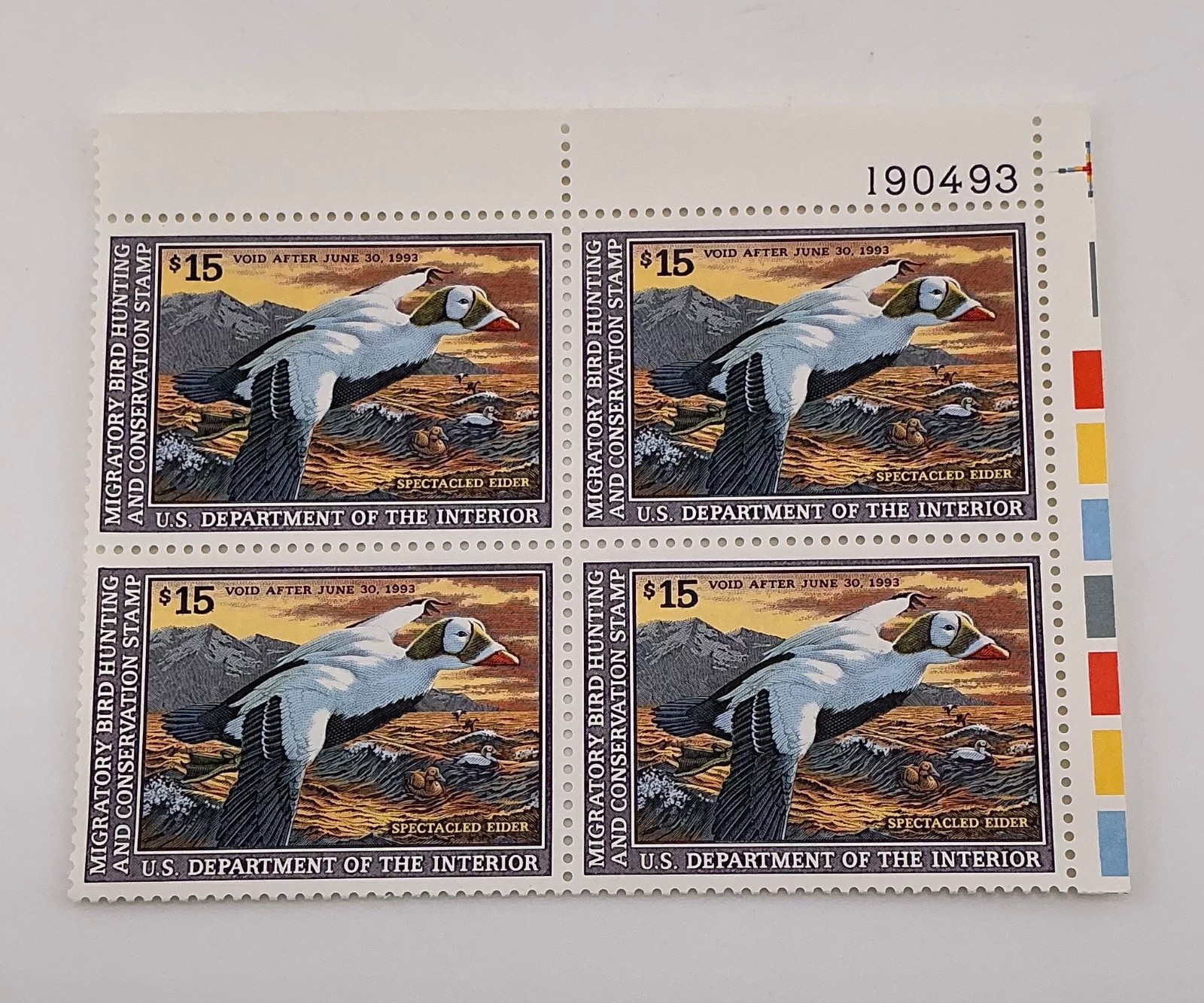 1992 US Federal Scott #RW59 Spectacled Eider Block of 4 MNH