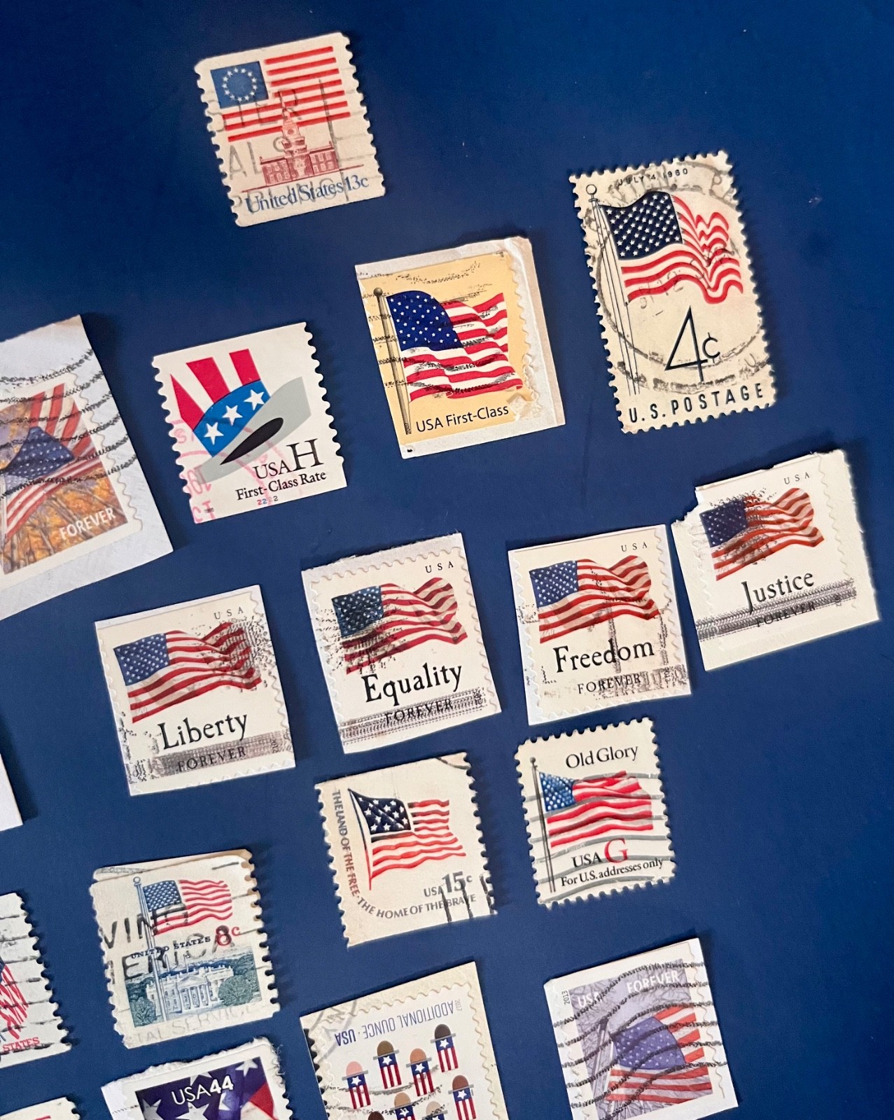 United States American flag postage stamps, mixed lot, set of 54, used, unused