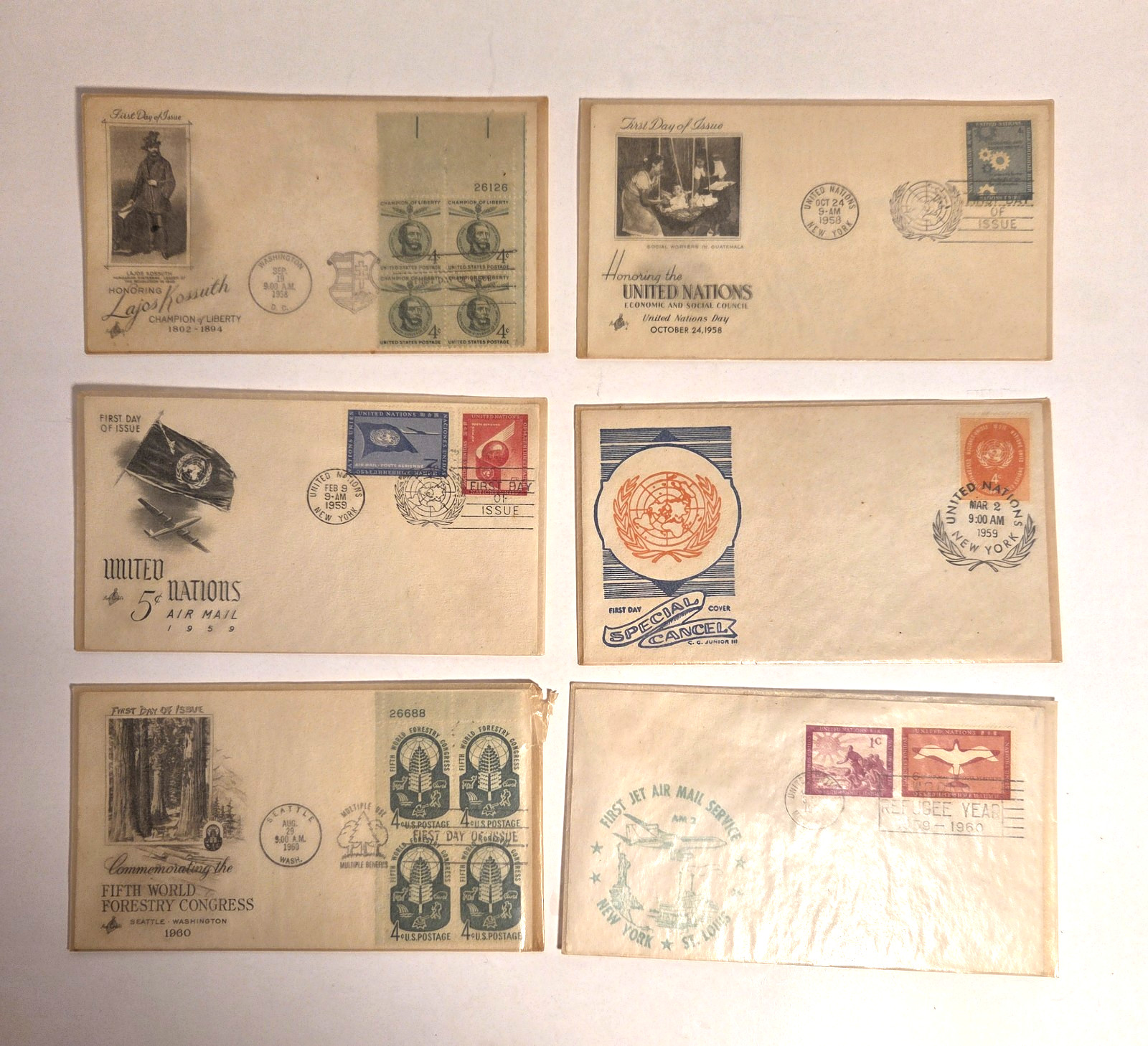 6 Sets Postage Stamps First Day of Issue FDC United Nations Jet Air Mail 1958-60