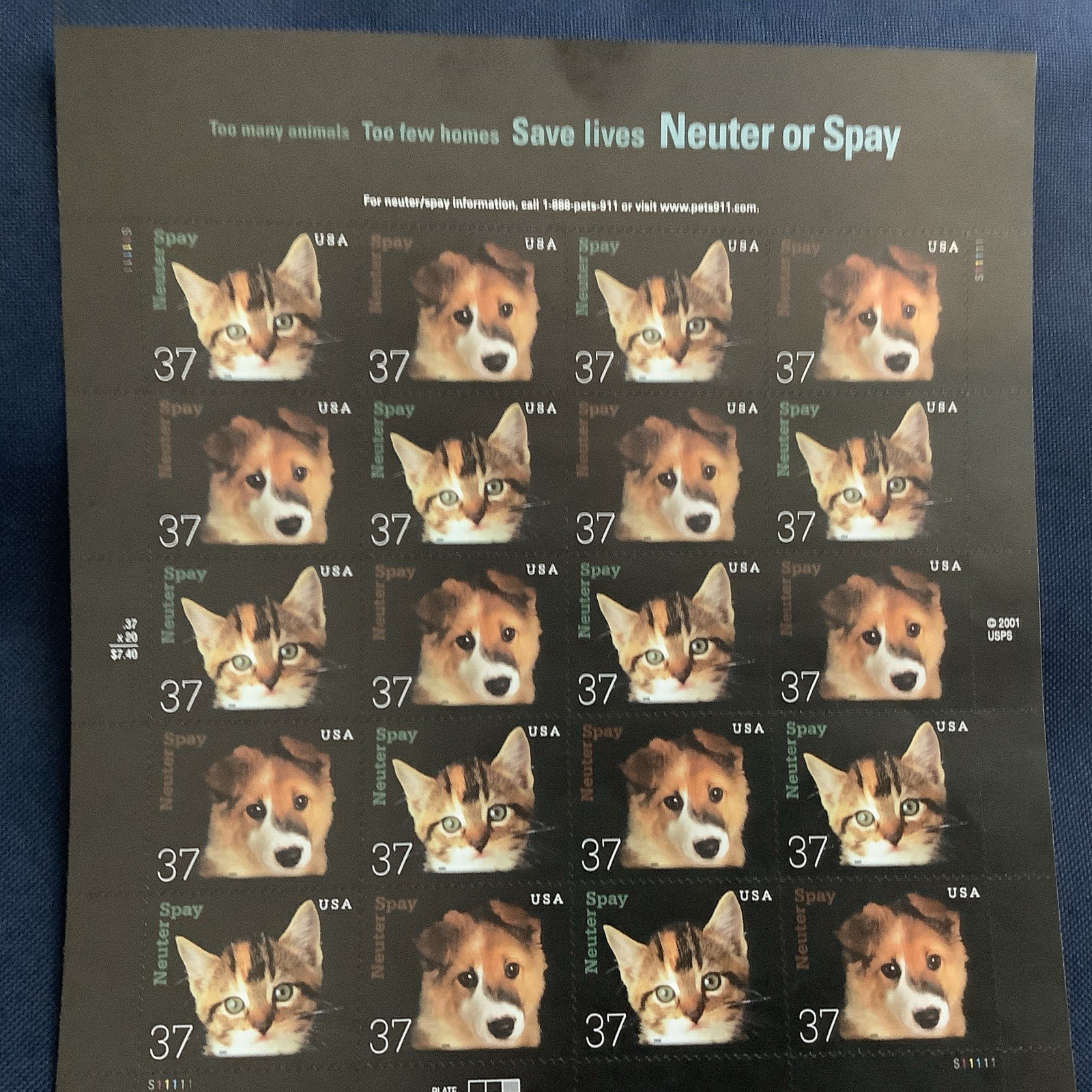 Scott 3670-1 Neuter or Spay Cats and Dogs – MNH – Pane of 20