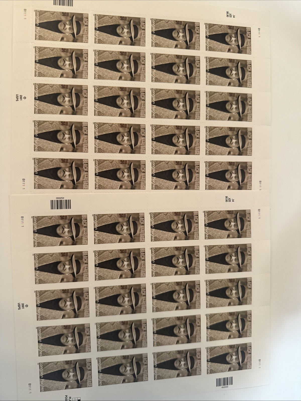 US SCOTT 3557 (2) PANES OF 20 LANGSTON HUGHES STAMPS 34 CENT FACE MNH