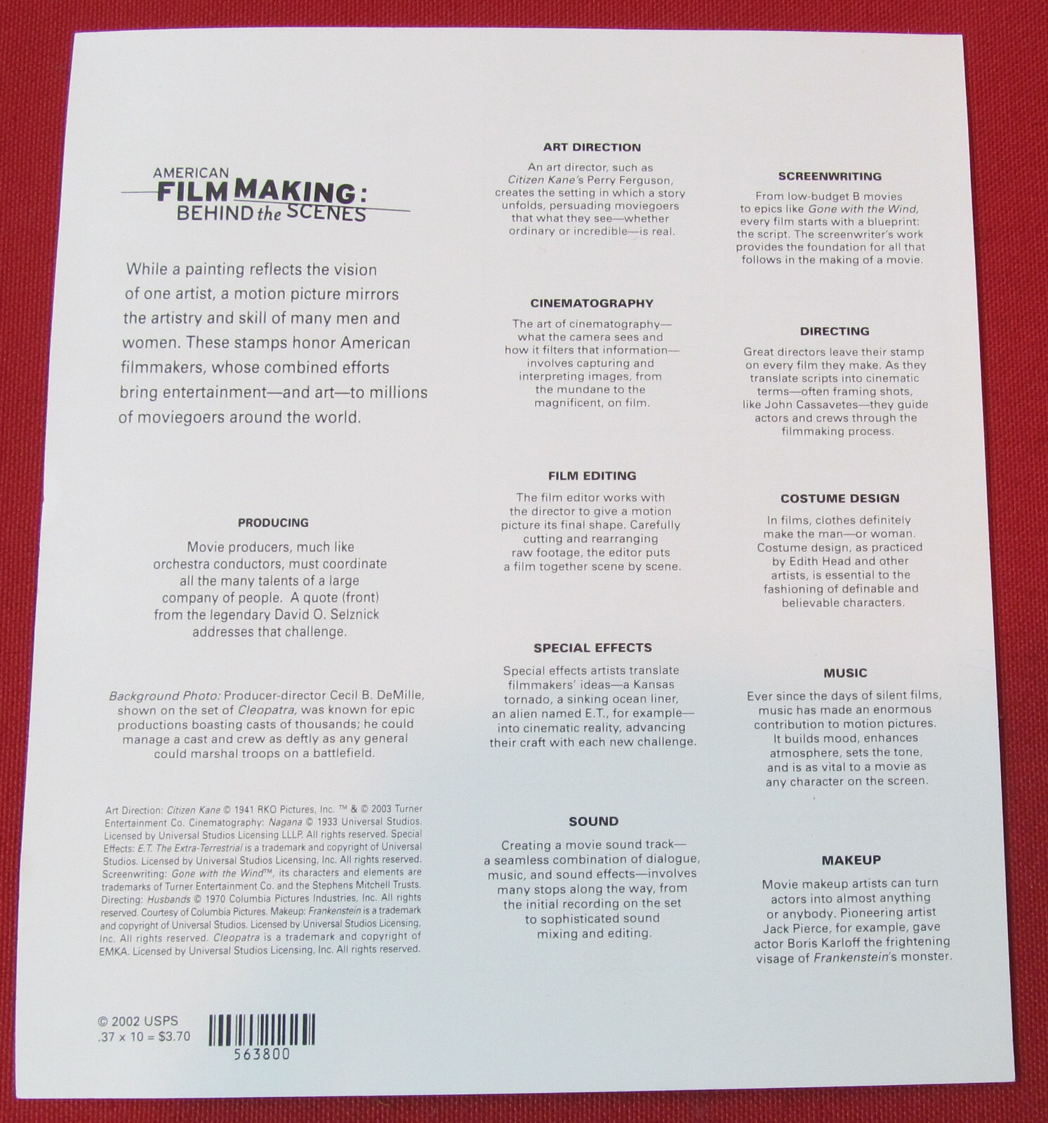 Five Sheets x 10 of AMERICAN FILM MAKING Behind the Scenes 37¢ US Stamps. # 3772
