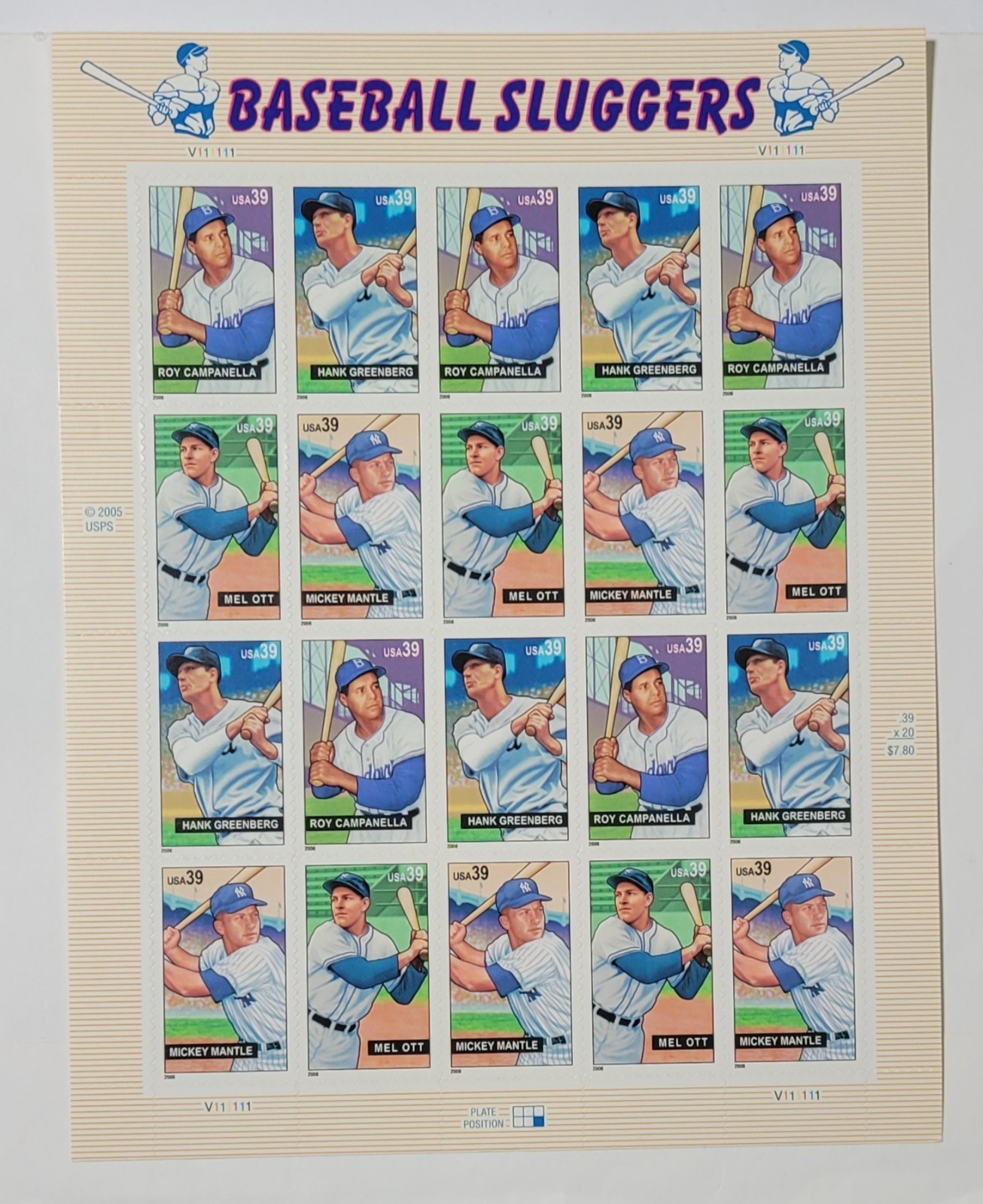 US Scott #4083a 39 cent BASEBALL SLUGGERS MNH Pane of 20 – 2006