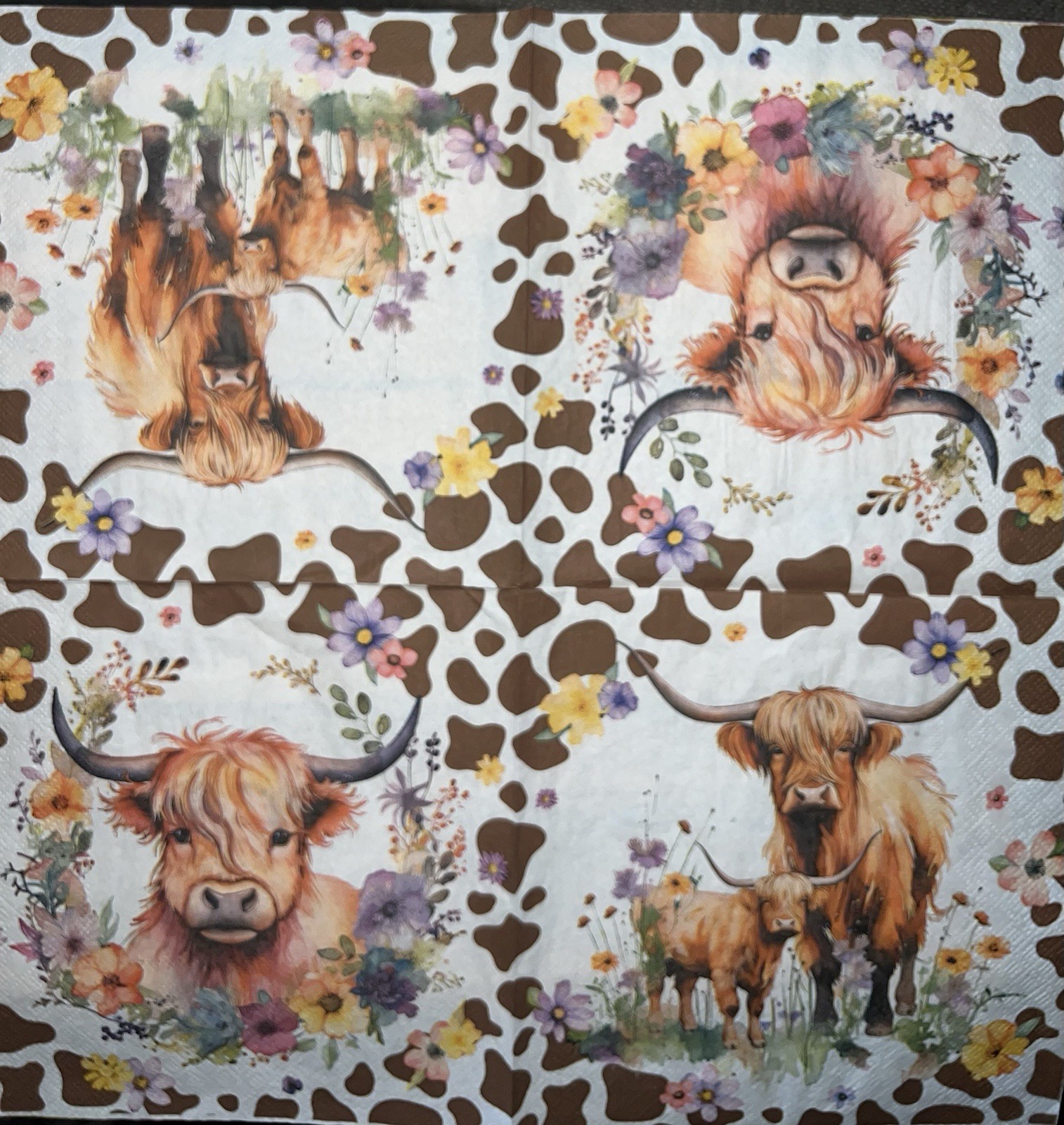 TWO Paper LUNCHEON Decoupage Art Craft Napkins Highland COW/brown/white Cowhide