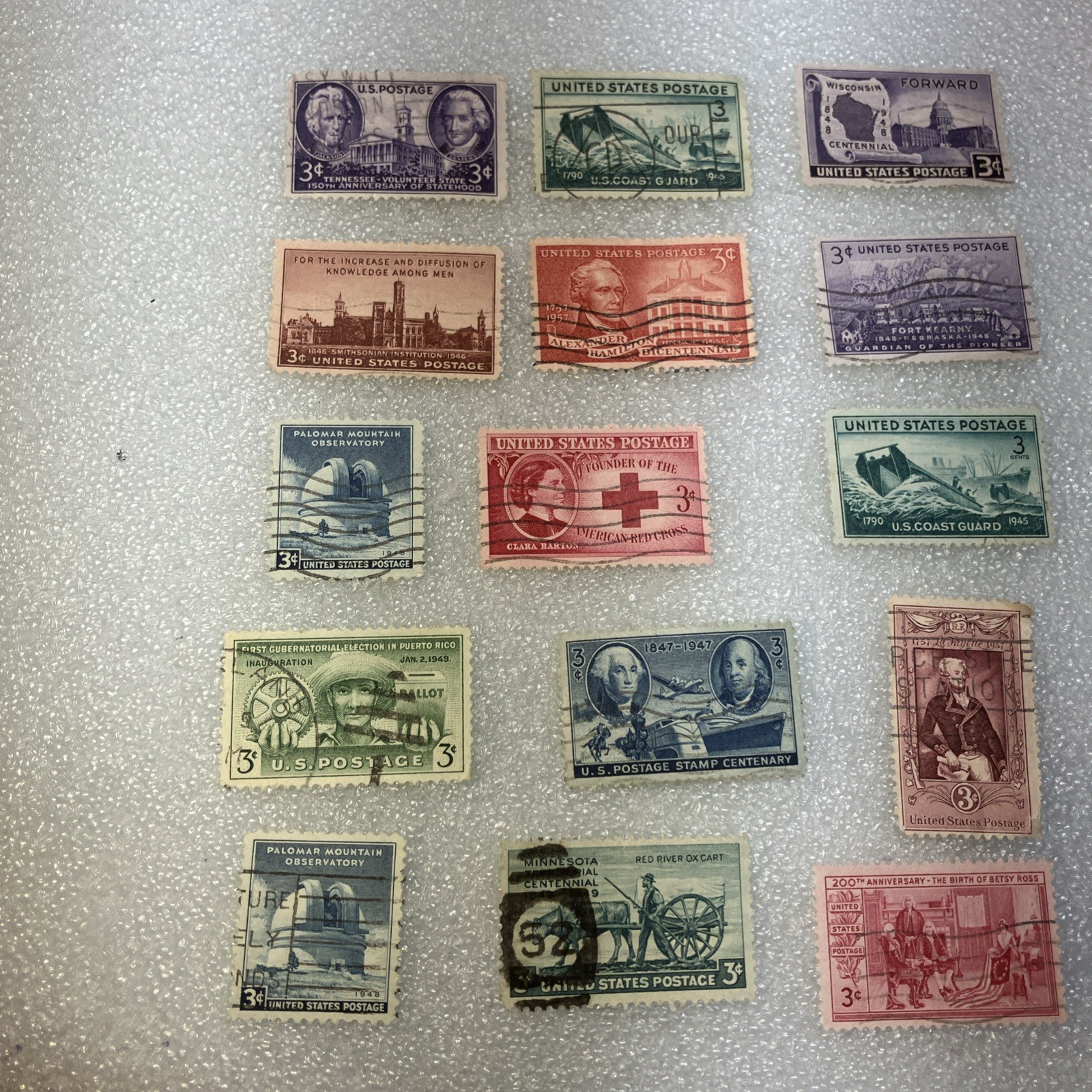 15 USED/Cancelled Commemorative 3c 1941-1955 US Stamps. Varied Lot. $1 Ships.
