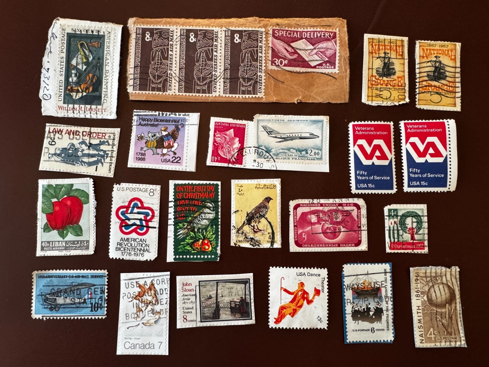 Vintage USA Postage Stamps lot of 25, Dance Theater 13¢,American Revolution Bice