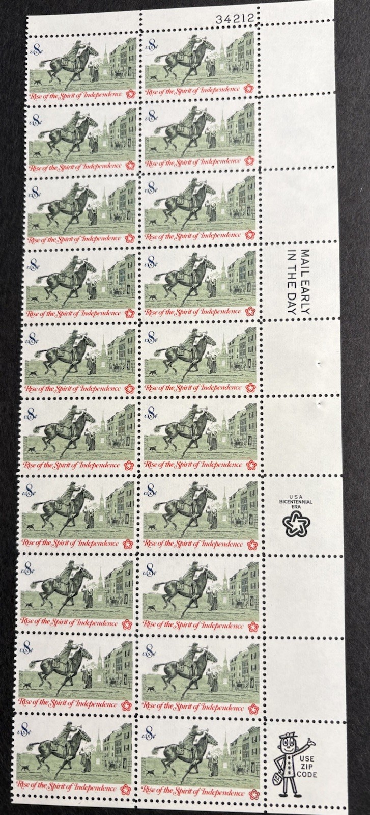 1973 US Scott #1478 8c Colonial Communications: Postrider Stamps MNH Block of 20