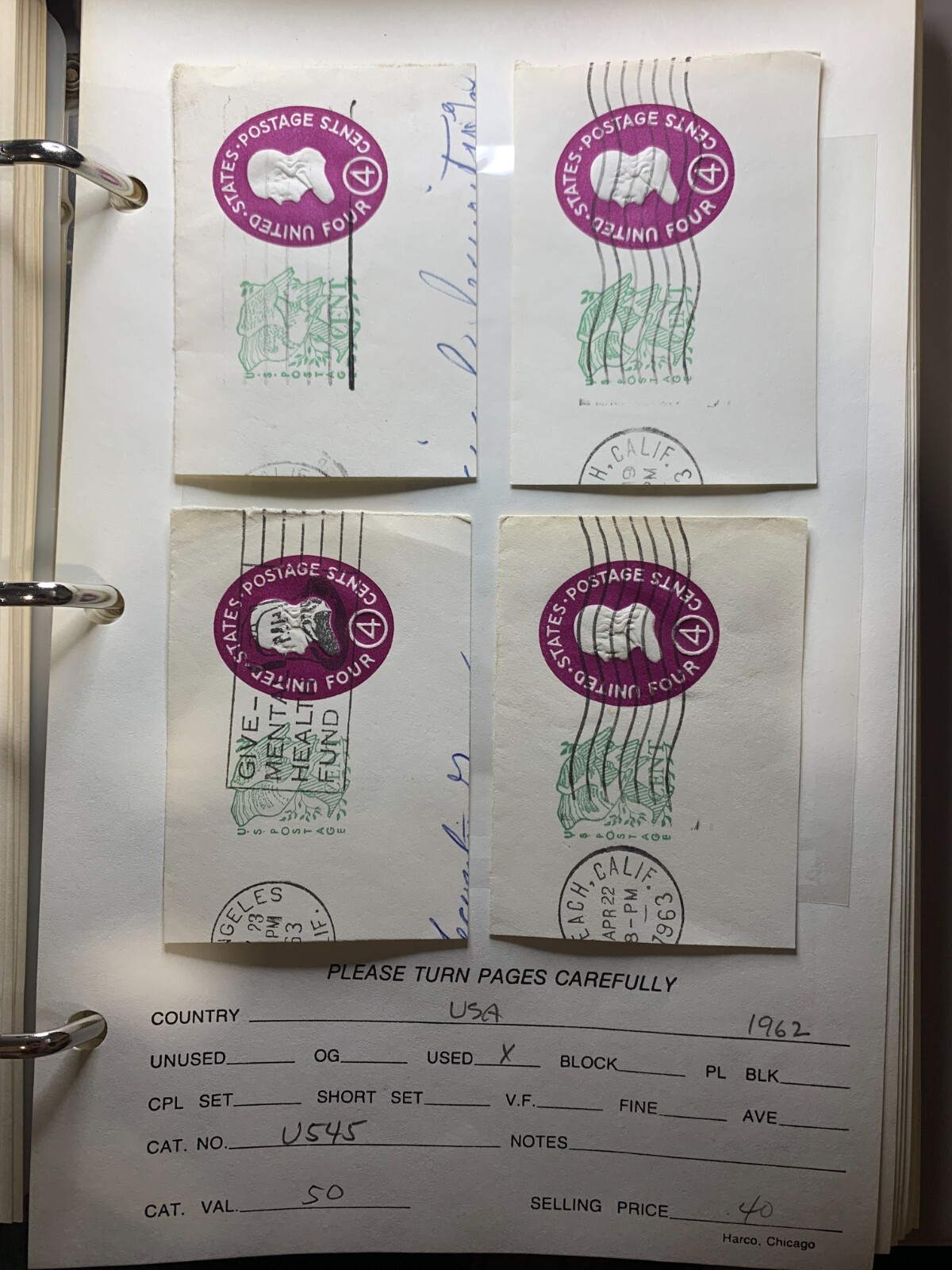 USA 1962 Stamped Envelope Cover 4c Sc# U545 Subcharged Used (4 pcs)