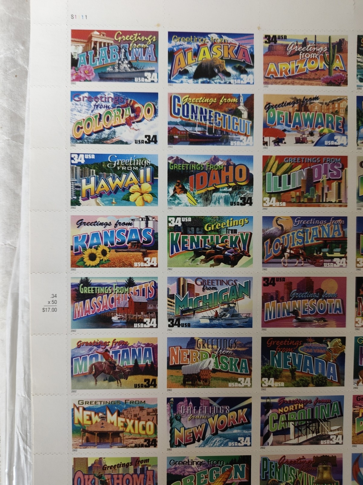 US Postage Stamps Greetings From America 34 Cent Sheet of 50 Collectible Wel