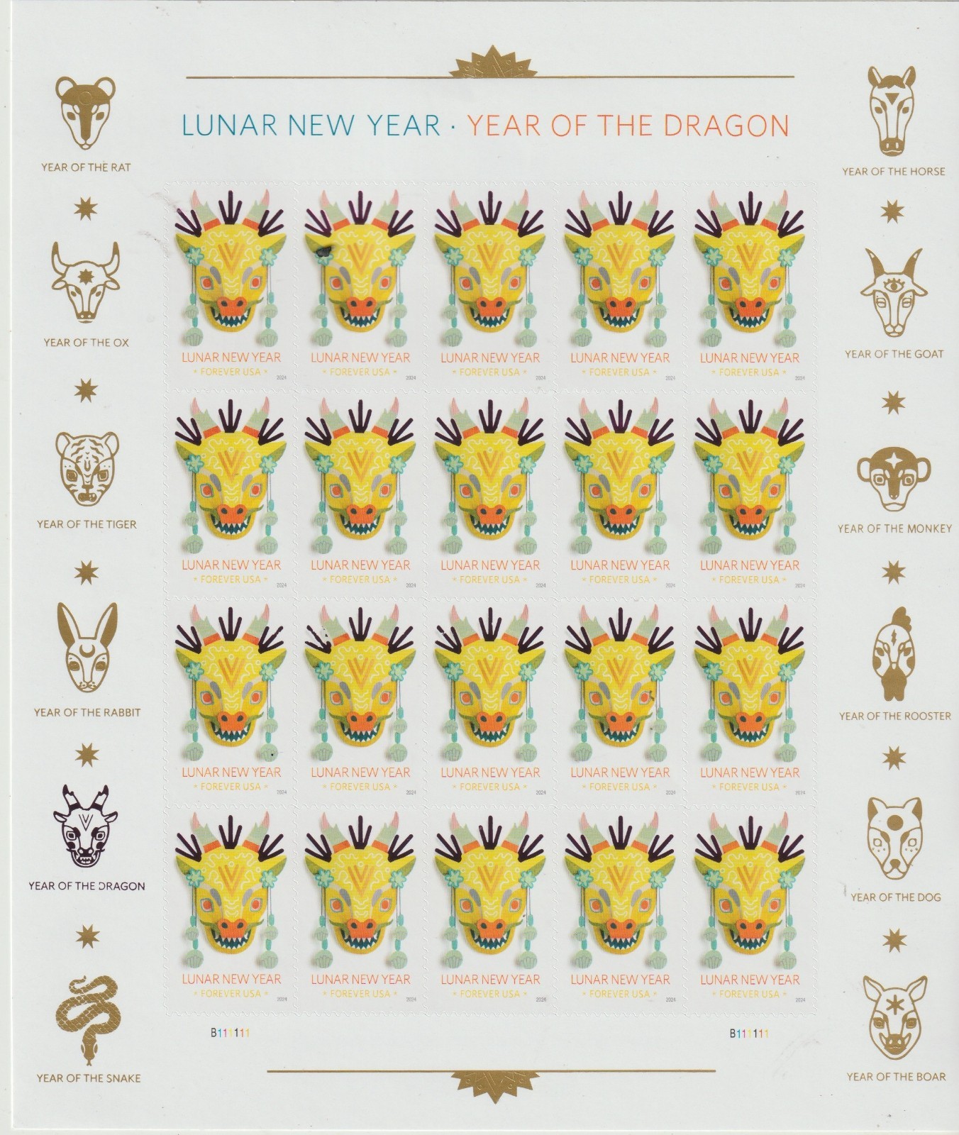 USPS Lunar New Year – Year of the Dragon Peel and Stick Sheet of 20 stamps