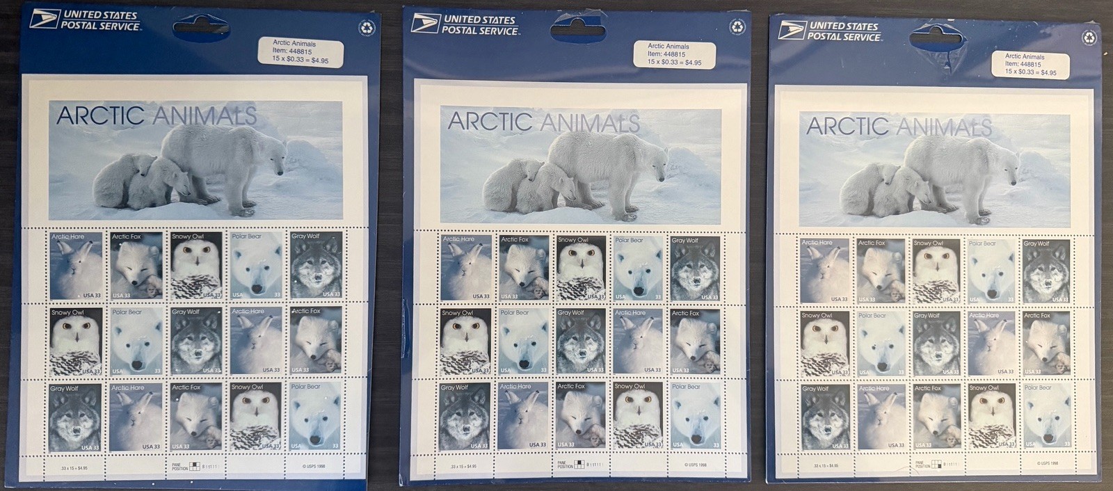 6 Souvenir Sheet Lot ARCTIC ANIMALS 33¢ BRIGHT EYES 32¢ ENDANGERED SPECIES 32¢