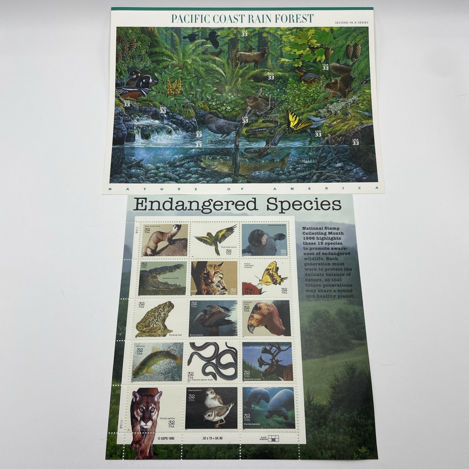 Lot of 2 USPS Stamps MNH Sheet Pacific Coast Rain Forest and Endangered Species