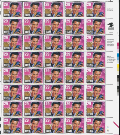 United States 29¢ Elvis Presley Postage Stamp #2721 Full Sheet