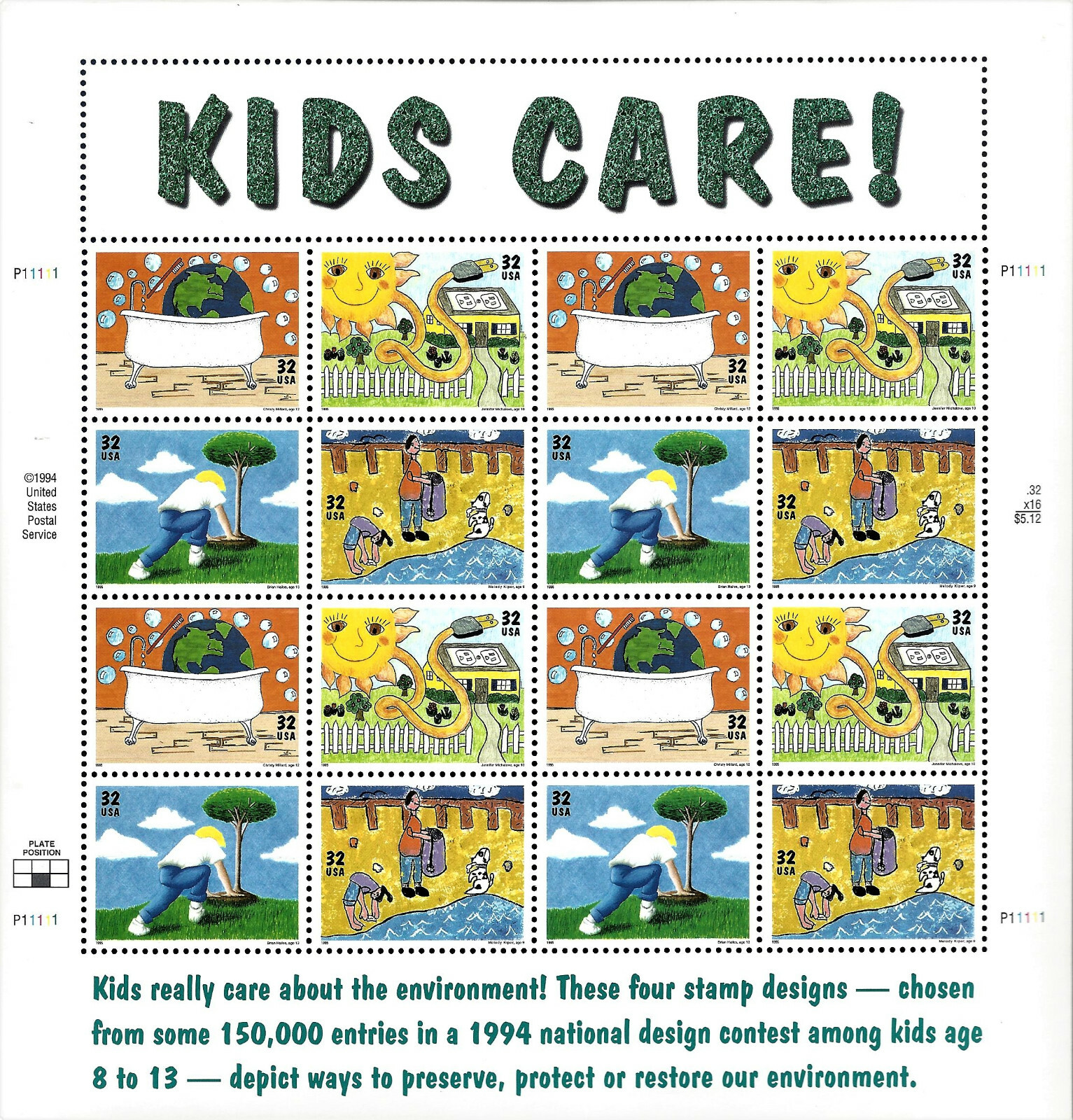 2951 2952 2953 2954 Kids Care Earth Day 16 Postage Stamps Sheet 32¢ Solar Power