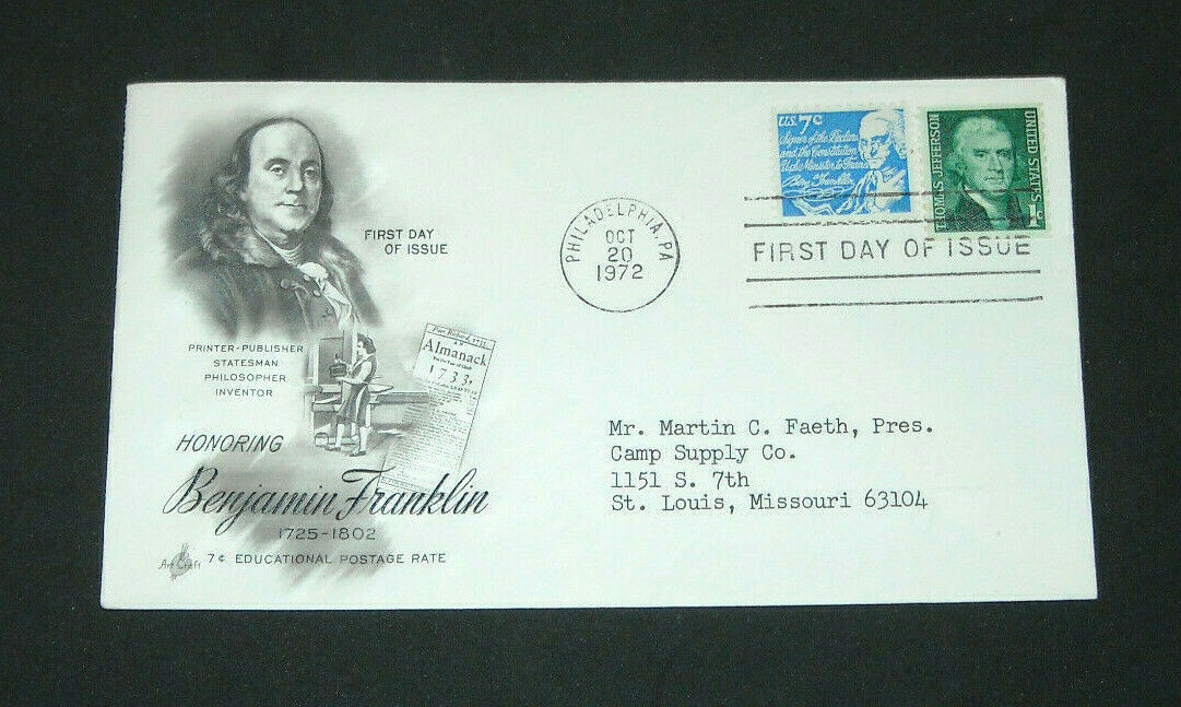 Honoring Benjamin Franklin 1972 FIRST DAY ISSUE Philadelphia Postmark Envelope