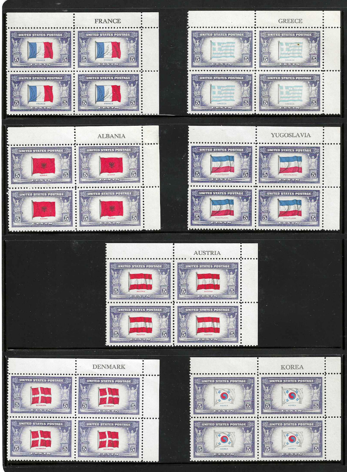 United States 1943 #909-#921, Corner Blocks, Complete “Overrun Countries” MNH