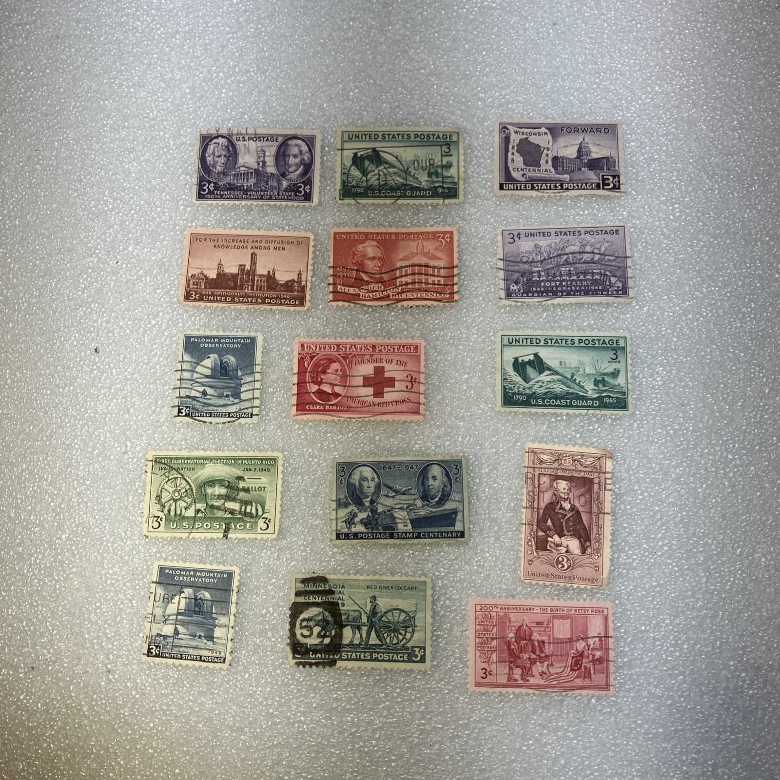 15 USED/Cancelled Commemorative 3c 1941-1955 US Stamps. Varied Lot. $1 Ships.