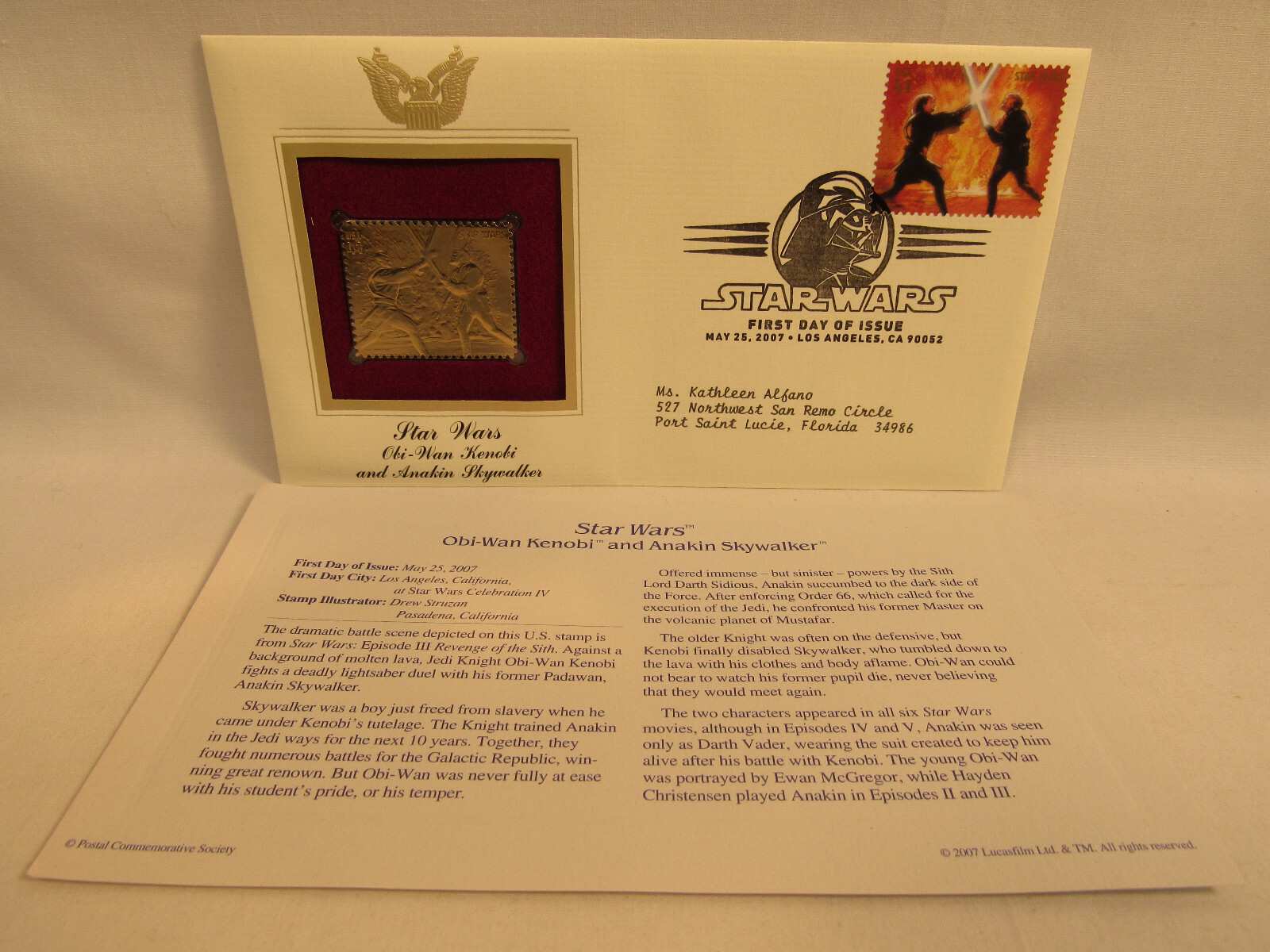 Obi-Wan Kenobi & Anakin Skywalker Star Wars Disney 22KT Gold Stamp 1st Day USPS