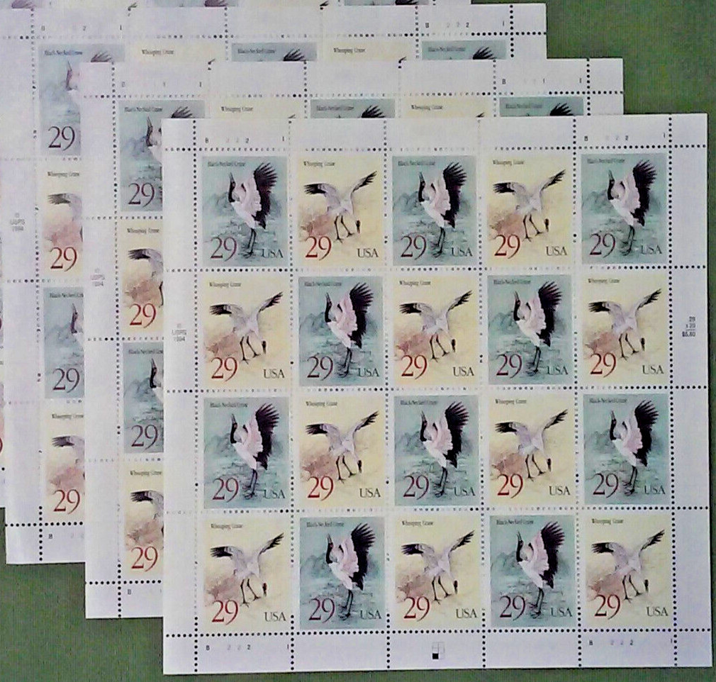 Three Sheets Black-Necked Crane & Whooping Crane 29¢ US Postage Stamps 2867-2868