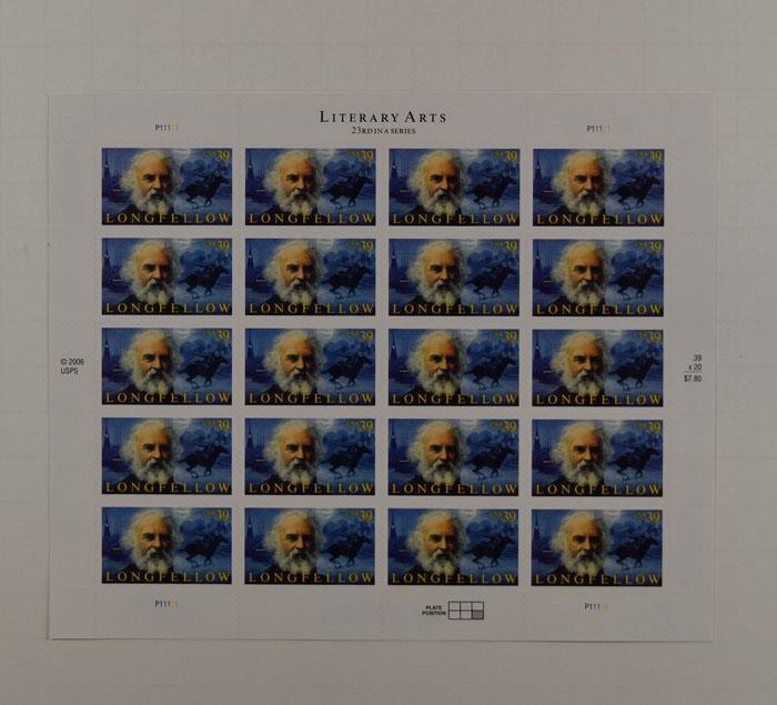 US SCOTT 4124 PANE OF 20 LONGFELLOW 39 CENT STAMPS FACE MNH