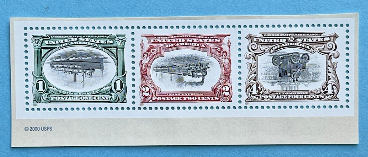 2001 US PAN AMERICAN INVERTS STAMP AUTOMOBILE TRAIN SHIP USPS POSTAGE 3 STAMPS
