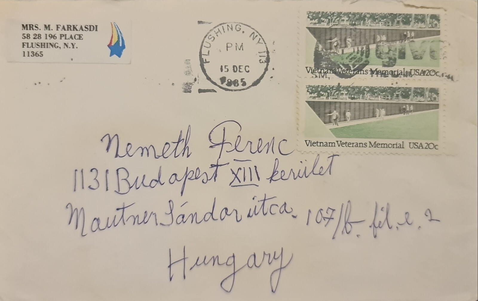 US Postal History Cover Vietnam Veterans Memorial 15 Dec 1985 Flushing NY cancel