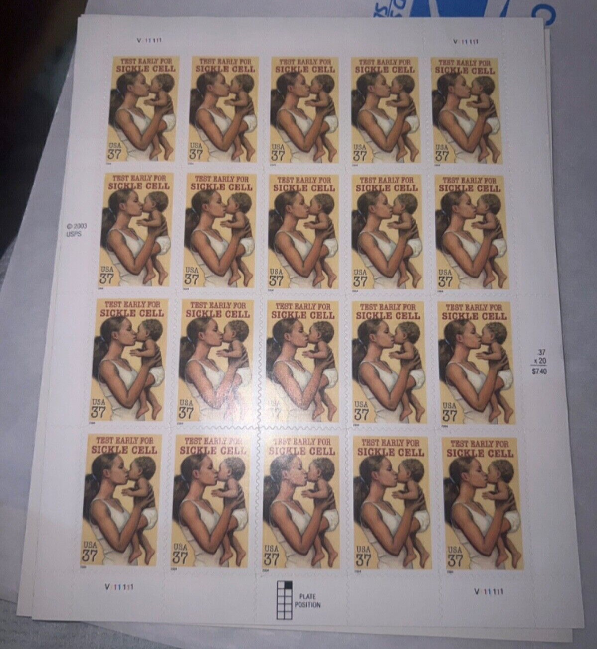 See Photos. US Stamps SCOTT 3877 PANE OF 20 TEST EARLY FOR SICKLE CELL STAMPS 37