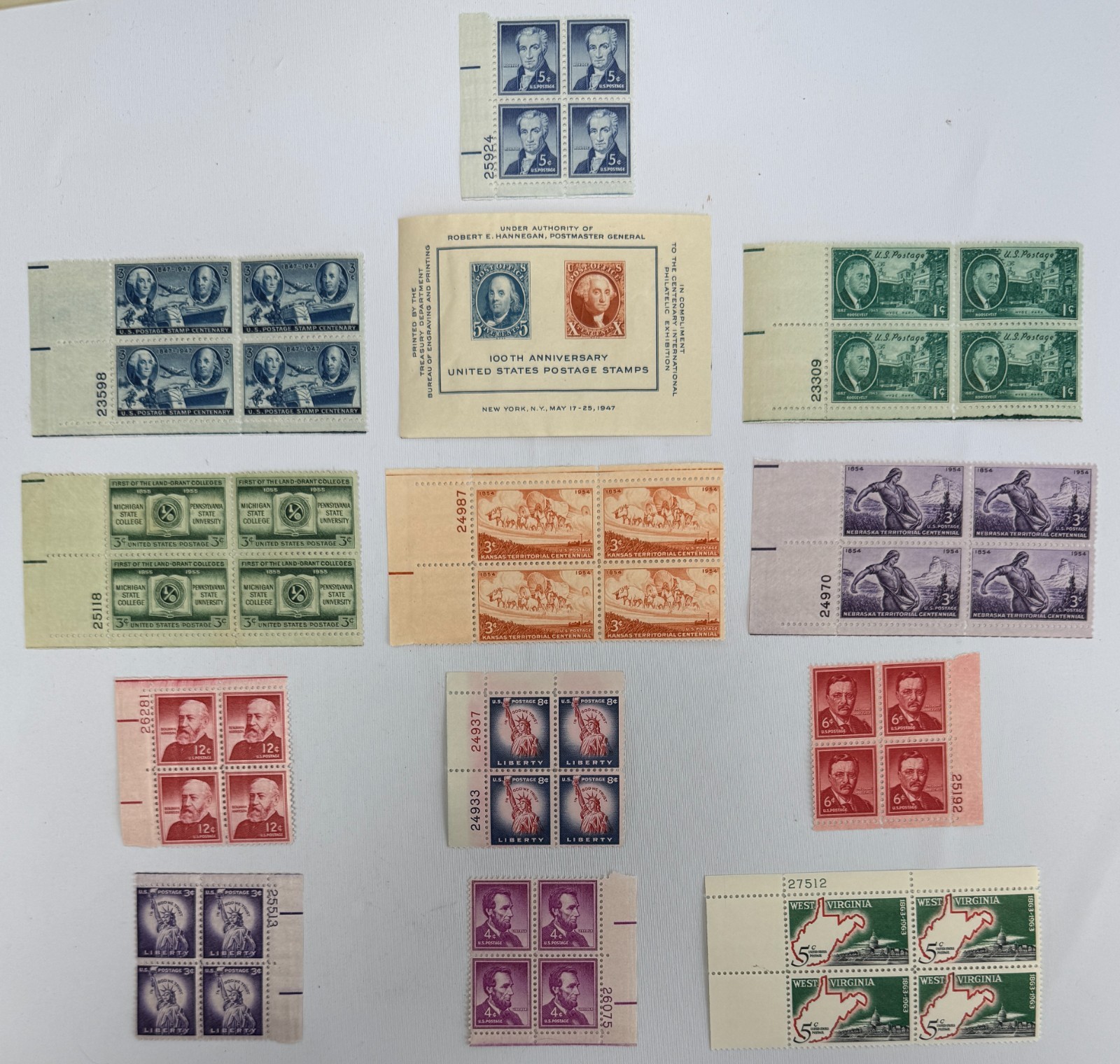 Vintage US Stamp Lot 13 Mint Plate Blocks 1947 CIPEX Souvenir Sheet MNH