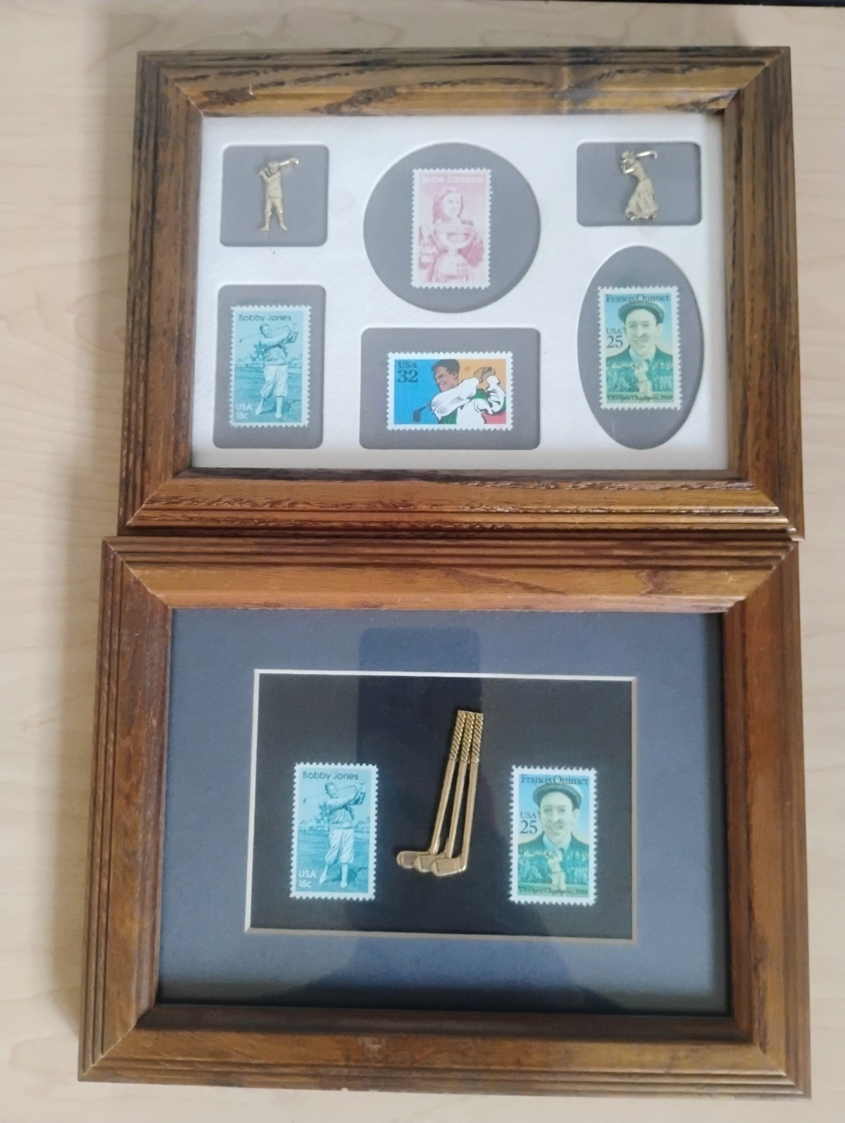 Vintage Postage Stamp Art Framed Old Collectible Sport Golf Stamps With Legends