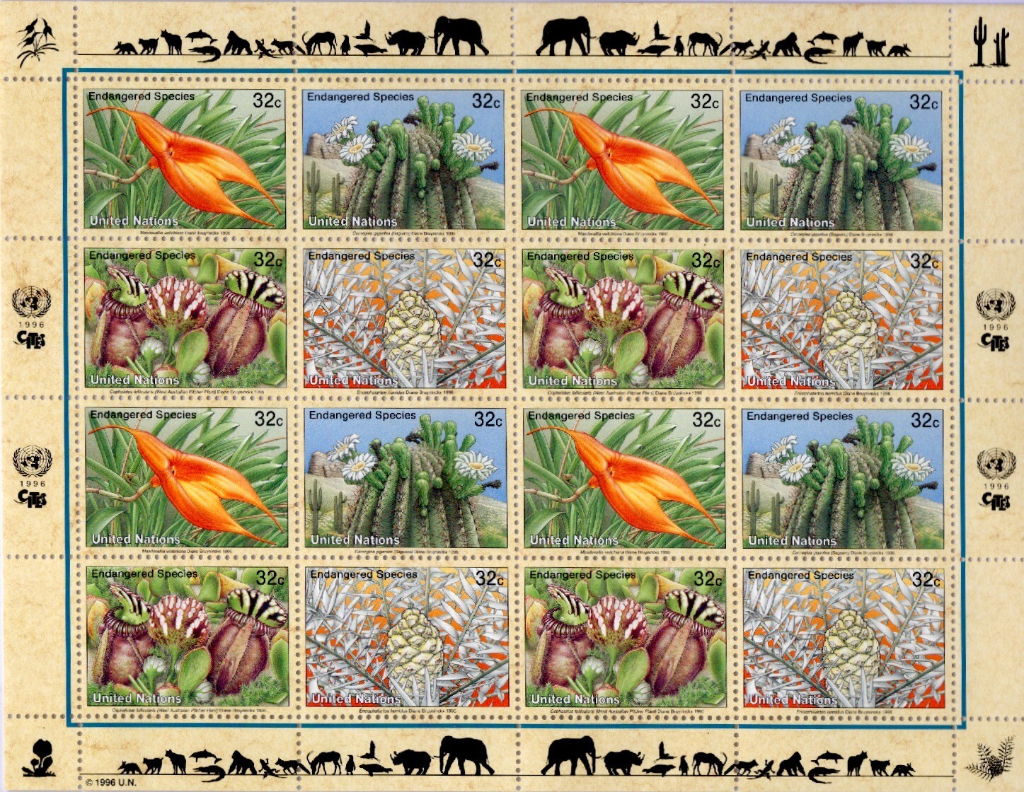 Unused Stamp Sheet Endangered Species United Nations 32 Cents 1996 NEW 16 Total