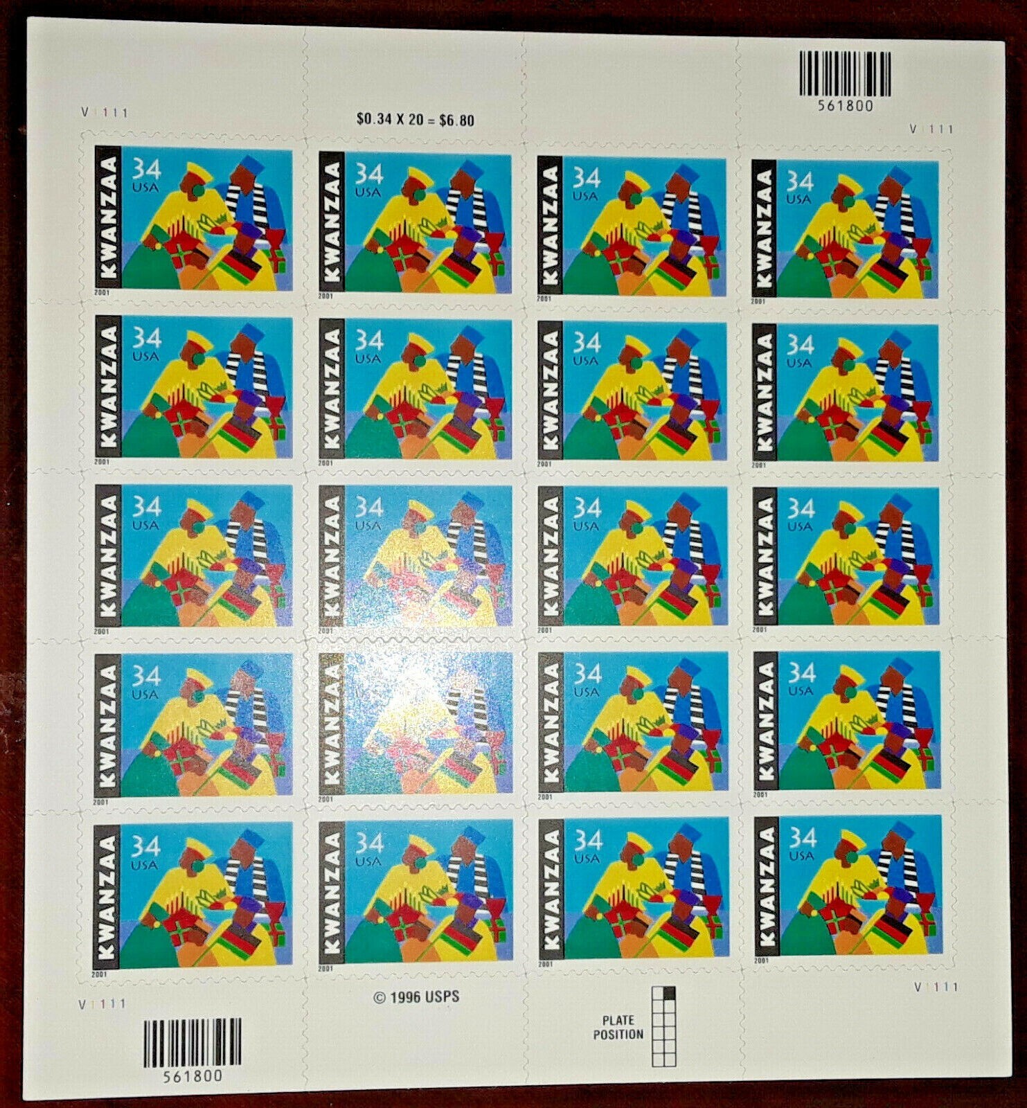 Three Panes x 20 = 60 of KWANZAA 34¢ African-American Holiday US Stamps USA 3548
