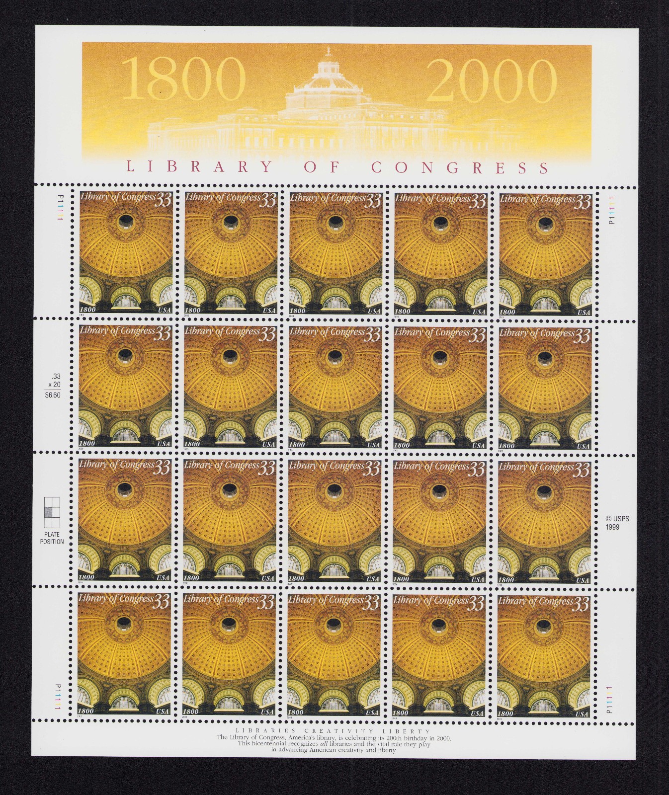 US 3390 PANE OF 20 LIBRARY OF CONGRESS 33 CENTS FACE MNH 2000 free ship
