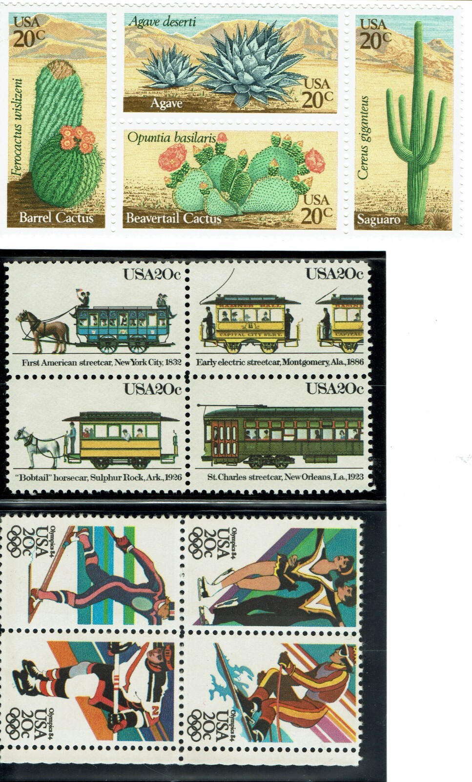 3 20c BLOCKS OF 4 @ FACE VALUE – SCOTT 1942-45, 2059-62, 2067-70 – MNH