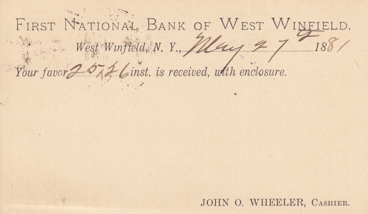 USA 1881 First National Bank of West Winfield postal card with 1c stationery