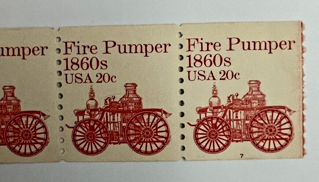 SCOTT #1908 FIRE PUMPER 1860s 20¢ – PL#7 – STRIP OF FOUR STAMPS – COLOR ERROR