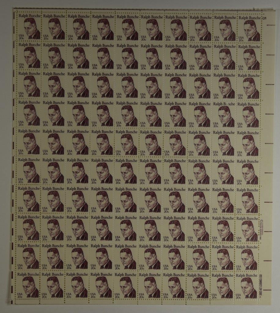 US SCOTT 1860 PANE OF 100 RALPH BUNCHE STAMPS 20 CENT FACE MNH