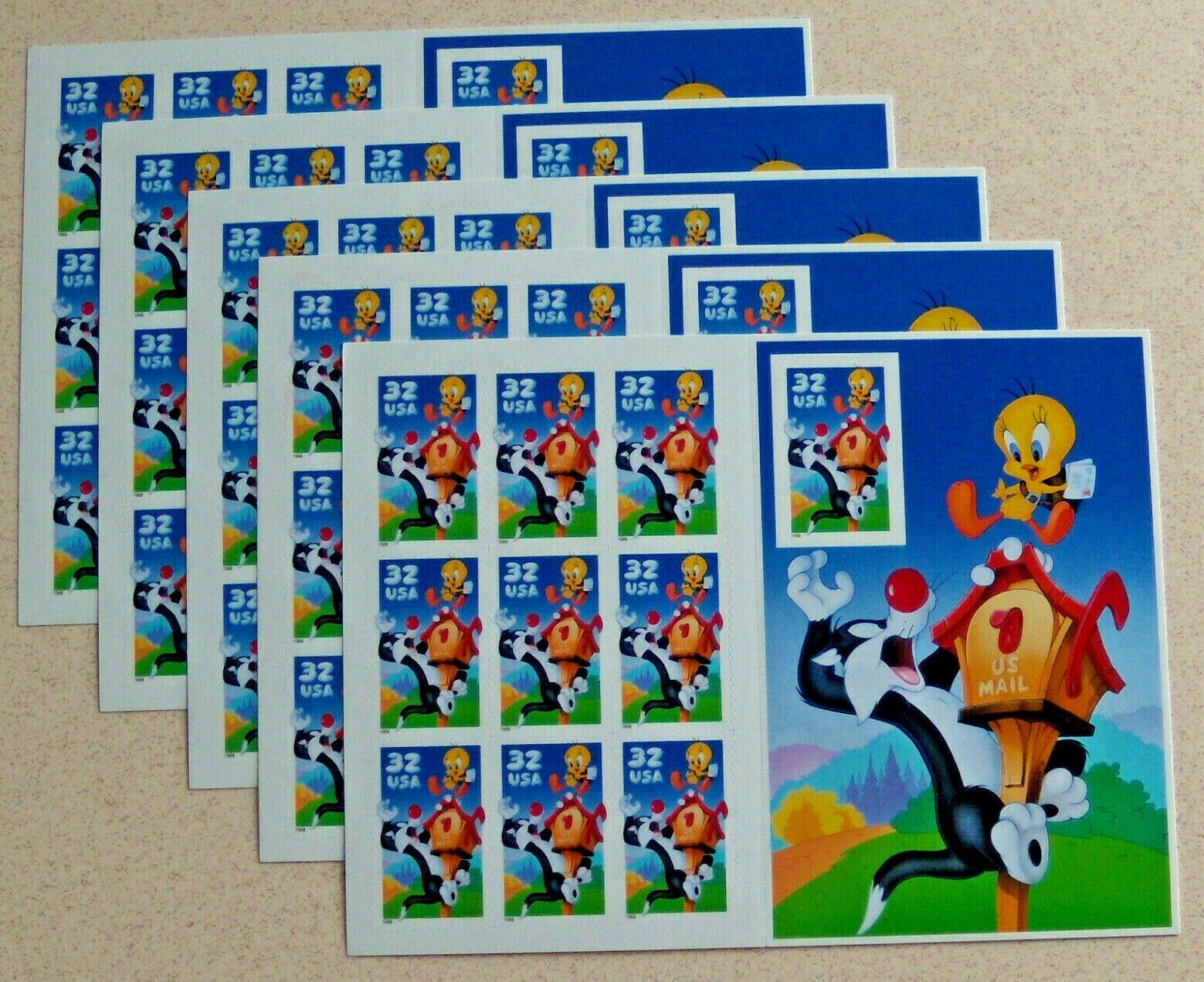 Five Sheets x 10 = 50 of Looney Tunes SYLVESTER & TWEETY 32¢ US Stamps. USA 3204