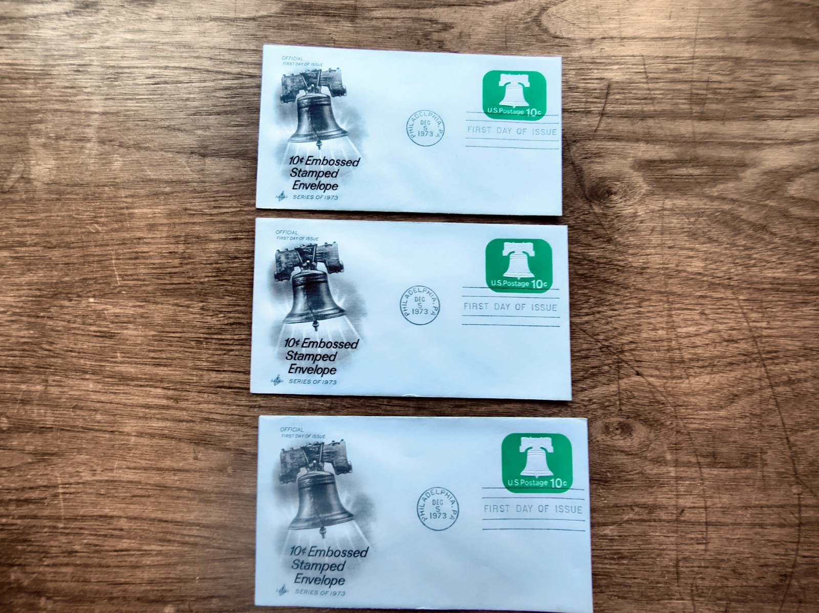 Lot of 3 1973 FDCs: # U567 10c Embossed Envelope, Liberty Bell 3 singles