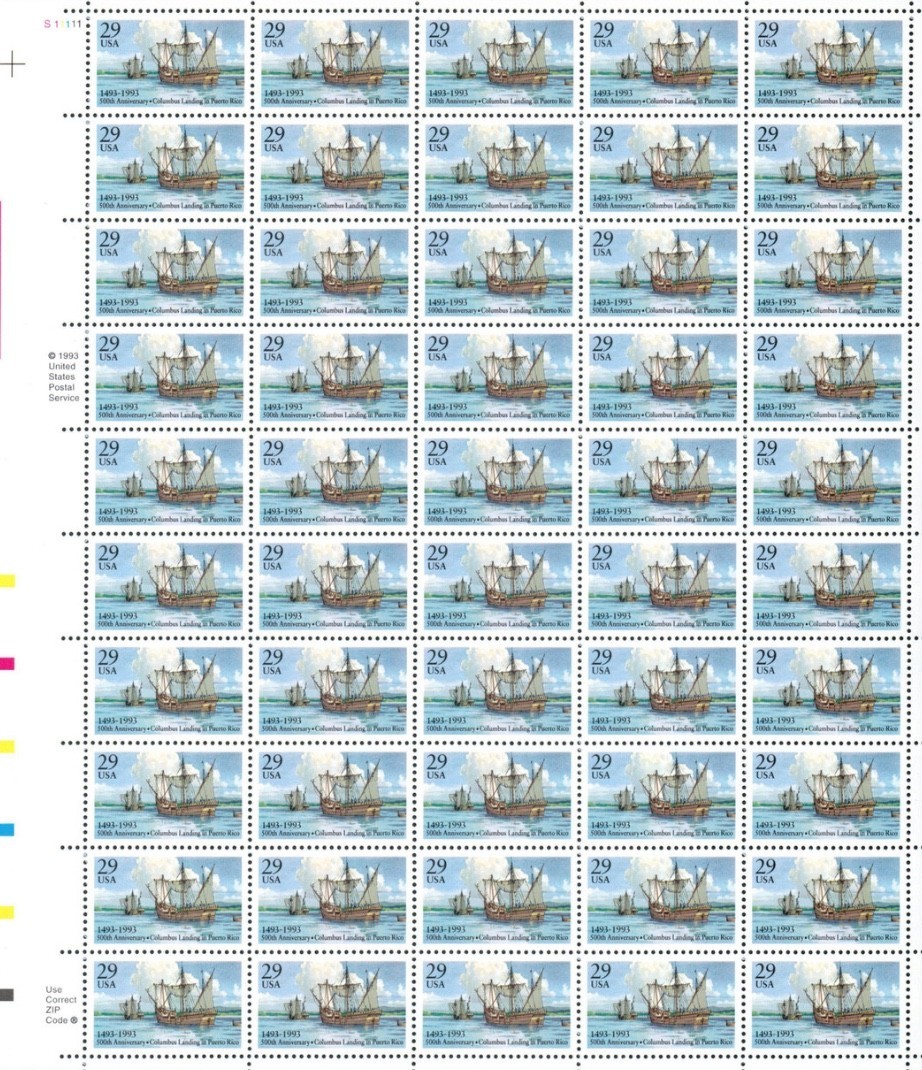 United States 29¢ Columbus Landing Puerto Rico Postage Stamp #2805 Full Sheet