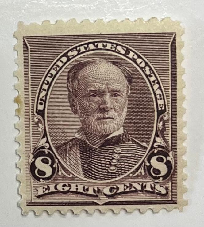 US Postage Scott #225 Mint, 8 cent Sherman stamp, lilac, light HR