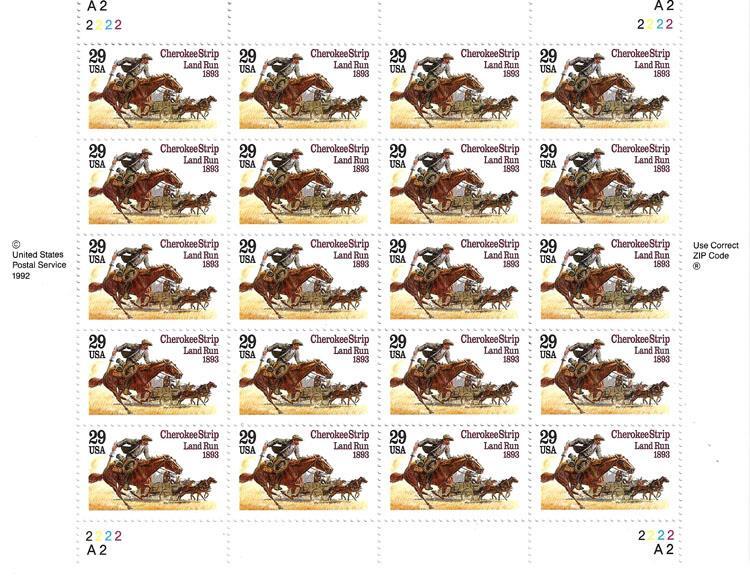 US SCOTT 2754 PANE OF 20 CHEROKEE STRIP STAMPS 29 CENT FACE MNH