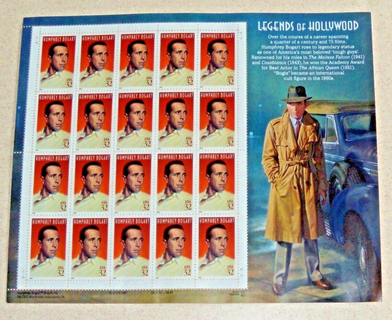 Four x 20 Legends of Hollywood HUMPHREY BOGART 32¢ US Postage Stamps USA Sc 3152