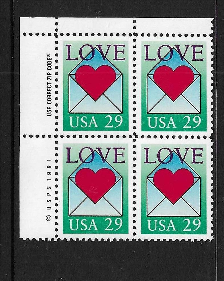 USA SC # 2619 LOVE ‘ Heart In Envelope ‘ / Plate # , Zip code . MNH