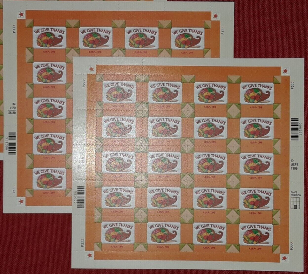 Two (2) Panes x 20 = 40 of WE GIVE THANKS 34¢ US Postage Stamps. USA Sc # 3546
