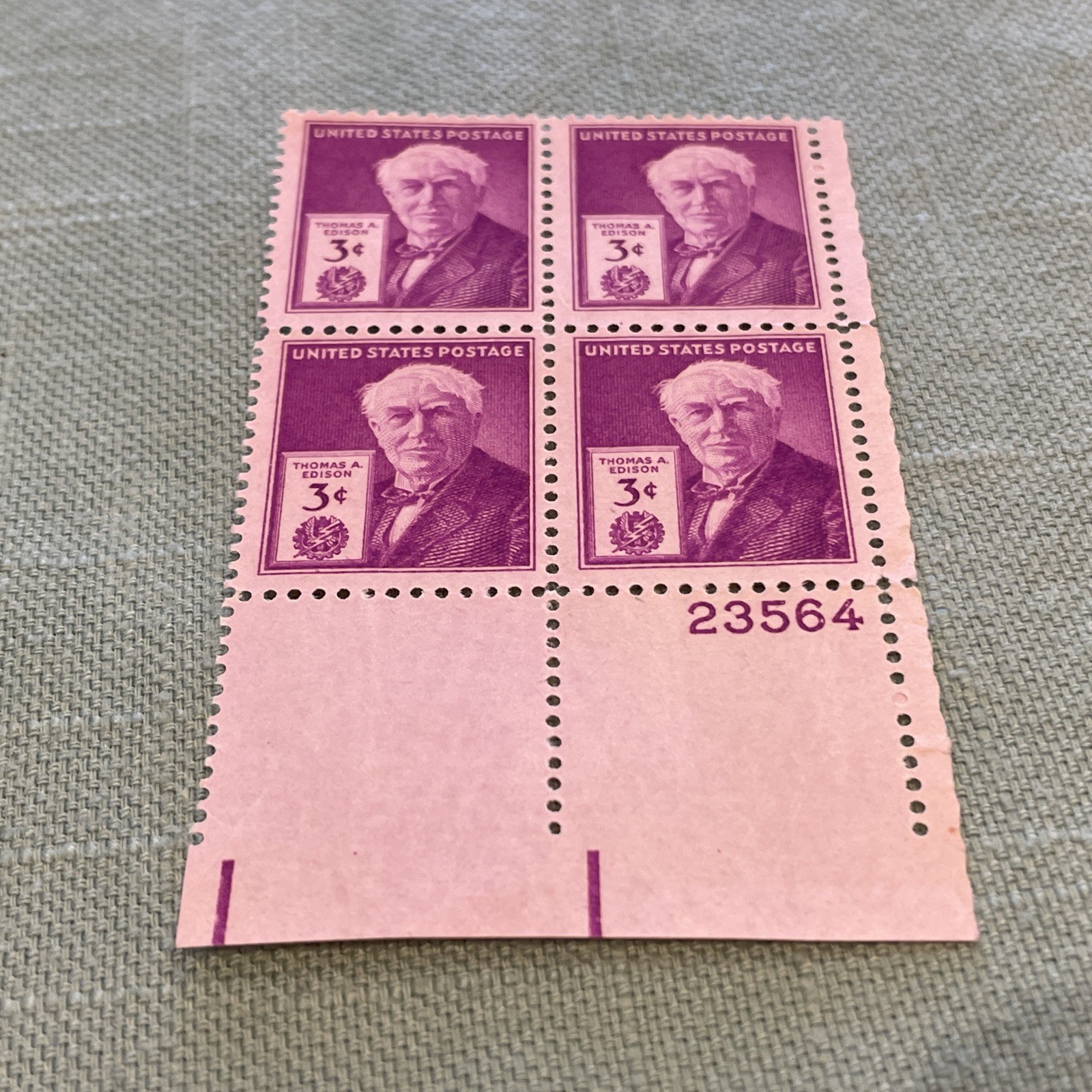 SC945 US Postage Stamp 3 Cent PLATE BLOCK THOMAS EDISON Mnh VF